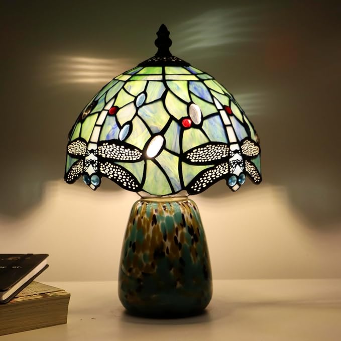 Tiffany Mushroom Table Lamp Dragonfly Style Sea Blue Stained Glass Accent Lamp Brown Blue Glass Base 8X8X12 Inch - Bloomnest