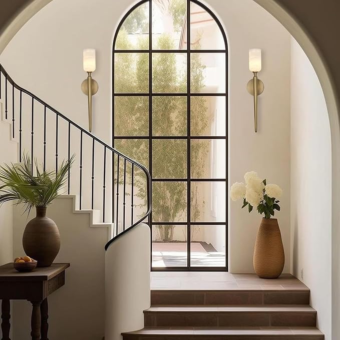 Alabaster Wall Sconce 22in Antique Brass Sconces Wall Lighting, Imported in Spain Natural Alabaster, Bathroom Sconce Gold Sconces Wall Decor, for Living Room Dining Room Hallway Bedside Staircase - Bloomnest