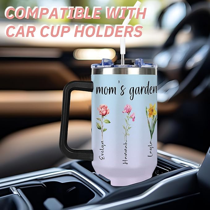 Personalized Birth Flower Tumbler with Handle and Straw Lid, Custom 40oz Cup with Name for Women, Mothers Day Birthday Gifts From Daughter, Stainless Steel Travel Coffee Tumbler, Gifts for Christmas - Bloomnest