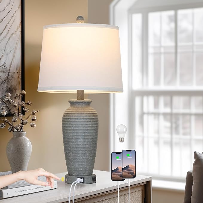 25" Grey Farmhouse Jar Table Lamps, 3 Way Touch Control Rustic Bedside Lamps with USB A+C Ports & AC Outlet, Pot Nightstand Lamps for Bedroom End Table (LED Bulbs Included) - Bloomnest