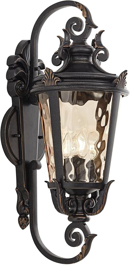 John Timberland Casa Marseille Vintage Outdoor Wall Light Fixture Veranda Bronze Scroll Frame 31" Champagne Hammered Glass for Exterior House Porch Patio Outside Deck Garage Yard Front Door - Bloomnest