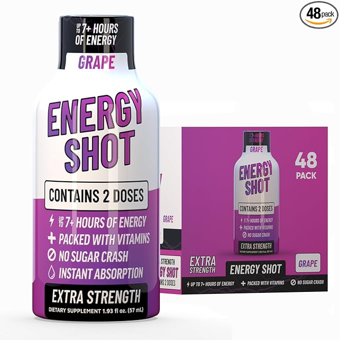 Grape Extra Strength Energy Shot 48 pk – 260mg Natural Caffeine B12 B6 – Energy & Focus Support – 2 Servings Sugar Free Zero Calorie Green Tea B-Vitamins Electrolytes Vegan – 1.93 fl oz - Bloomnest
