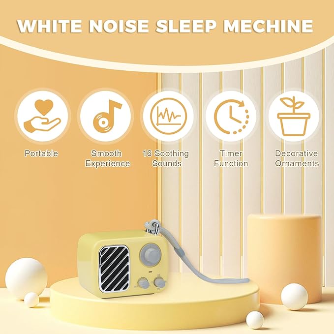Vintage Style White Noise Machine – Portable Sleep Sound Device with 16 Relaxing Sounds, Timer & Stepless Volume, Rechargeable Sleep Aid & Gift for Teens, Kids, Baby, Travel & Office (Yellow) - Bloomnest