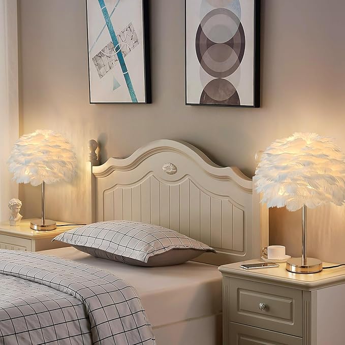 ZYLEIESENBAO Chic White Feather Lamp Creative Feather Bedside Lamp Cute Furry Nightstand Light Gold Stand Fluffy Table Lamp Atmosphere for Girl Bedroom Living Room Entry Hotel Wedding Gift - Bloomnest
