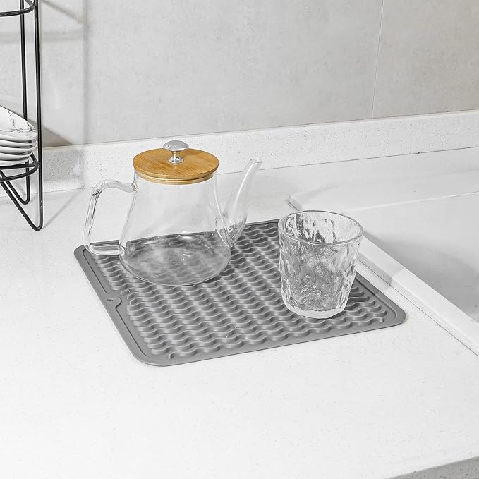 Silicone Dish Drying Mat for Multiple Usage,Easy clean,Eco-friendly,Heat-resistant Silicone Mat for Kitchen Counter or Sink,Refrigerator or Drawer liner Grey M 12 inches x 12 inches - Bloomnest