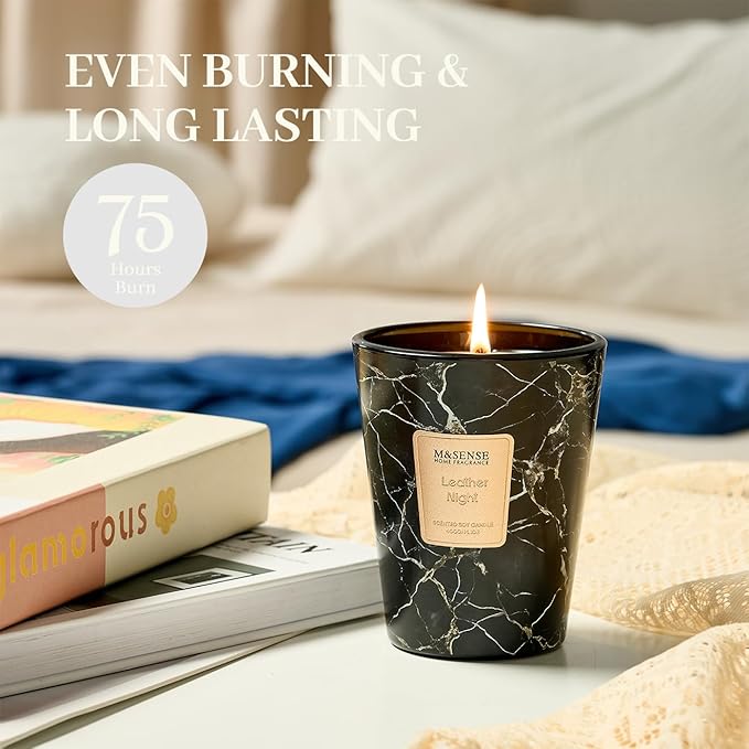 M&SENSE LeatherNight Scented Candles for Home, Lead-Free Wick Highly Scented Jar Candles, 14.1 Oz 80 Hours Lasting Burning Candles Gifts for Women, Relaxing Aromatherapy Candle for Stress Relief - Bloomnest