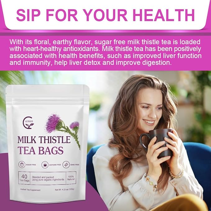 Organic Milk Thistle Tea Bags, 40 Teabags, 3g/Bag - Supports Liver Function, Liver Detox and Overall Health, Certified Free - Bloomnest