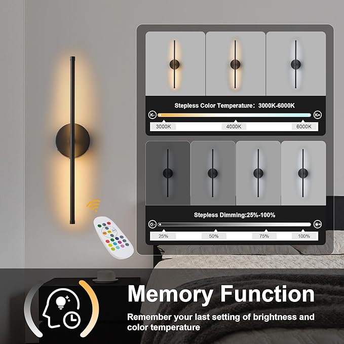Battery Operated Wall Sconces Set of Two, with Remote Control, Dimmable, Warm White/Natural White/Daylight/RGB, 350°Rotate, LED Black Wireless Wall Light for Living Room, Bedroom, 20.4 Inch - Bloomnest