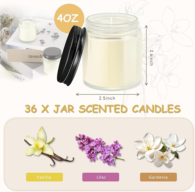 ACITHGL 36 Pcs 4oz Mini Mason Jar Candles Small Scented Candles Bulk Aromatherapy Ideal Souvenir Favors for Wedding Birthday Party (Vanilla, Lilac, Gardenia, Black) - Bloomnest
