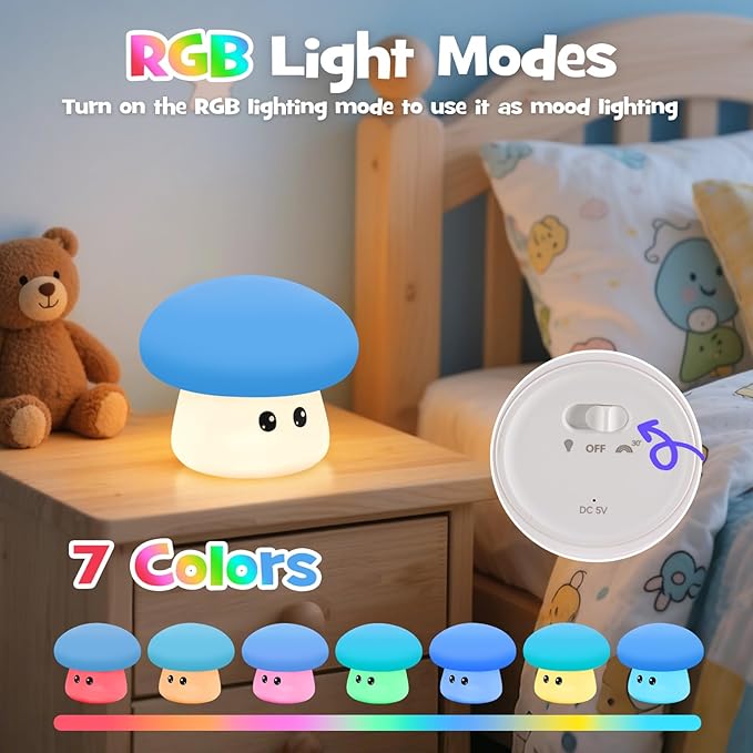 Squishy Big Eyes Mushroom Night Light with RGB Mode 3 Brightness Adjustable Nursery Breastfeeding Nightlight Cute LED Blue Mushroom Lamp Rechargeable Silicone Touch Bedside Lamp for Bedroom Dorm Decor - Bloomnest