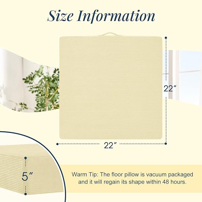 Wellsin Solid Square Floor Pillows for Adults Kids - Large Meditation Floor Pillow Seating Cushion with Thick Foam & Washable Velvet Cover, 2 Pack, 22x22x5 Inch, Beige