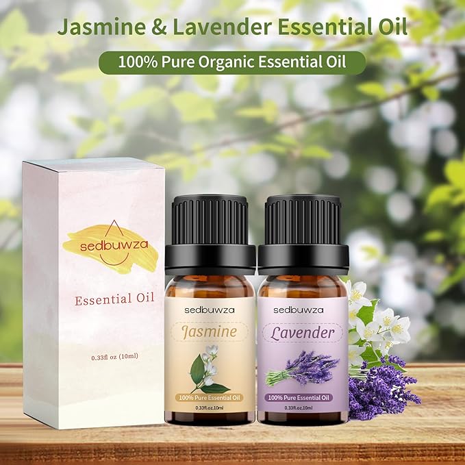 Sedbuwza Lavender Jasmine Essential Oil Set, Lavender Fragrance Oil Jasmine Scent Oil Set for Diffuser, Aromatherapy, Massage, Soap, Candle Making 2 x 10 ml Sedbuwza