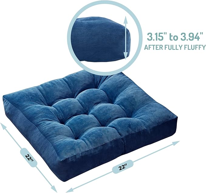 Degrees of Comfort Meditation Floor Pillow Set of 2, Square Large Pillows Seating for Adults, Tufted Corduroy Cushions for Living Room Tatami, Memory Foam Added, Navy Blue, 22x22 Inch