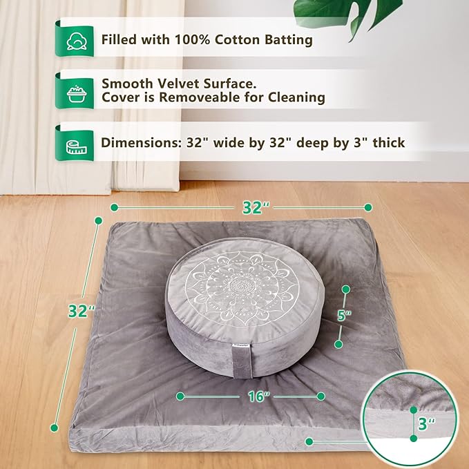 Hihealer Meditation Cushion, Traditional Tibetan Meditation Pillow Velvet Cover - Large Floor Cushion Seating for Adults - Yoga Buckwheat Bolster for Women、Moms - Bloomnest