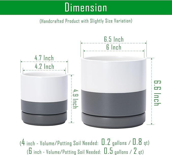 D'vine Dev 4.7 Inch & 6.5 Inch Ceramic Planter Pots for Plants with Drainage Hole and Saucer, Small Plant Pots Set, White/Speckled Grey, 94-G-S-6 - Bloomnest