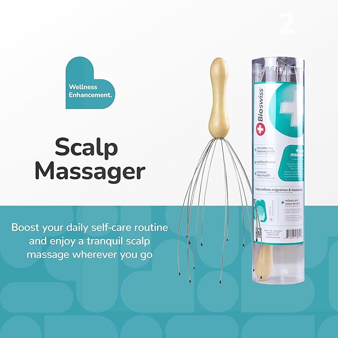 BioSwiss Scalp Massager, Handheld Head and Temple Massage Tool for Relaxation and Hair Stimulation Bioswiss