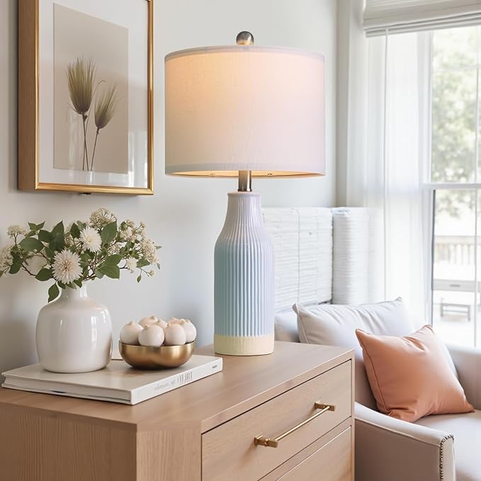 23.75inch Light Blue Modern Ceramic Bedside Lamp Set of 2 for Bedroom Decor Farmhouse Table Lamp for Living Room Office Dorm - Bloomnest