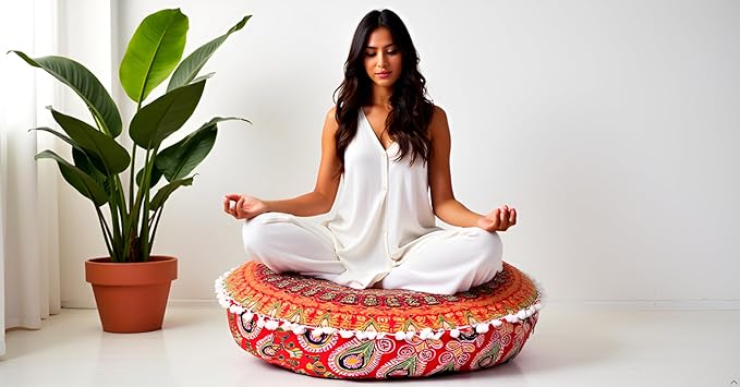 INDIAN CRAFT CASTLE ICC Red Peacock Mandala Barmeri Large Floor Pillow Cover Cushion Meditation Seating Ottoman Throw Cover Hippie Decorative Zipped Bohemian Pouf Ottoman Cases 16" Round - Bloomnest