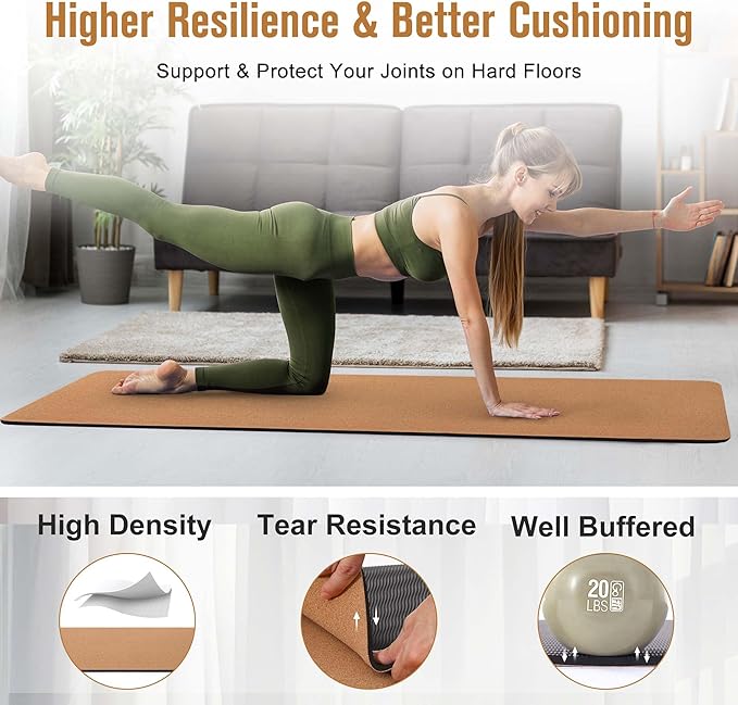 Premium Cork Yoga Mat 1/4 & 2/5 Inch Thick 72 x 26 in, Thick Cork and TPE Non Slip Yoga Mats for Women Men, Sweat Proof Eco-friendly, Great for Hot Yoga & Workouts - Bloomnest