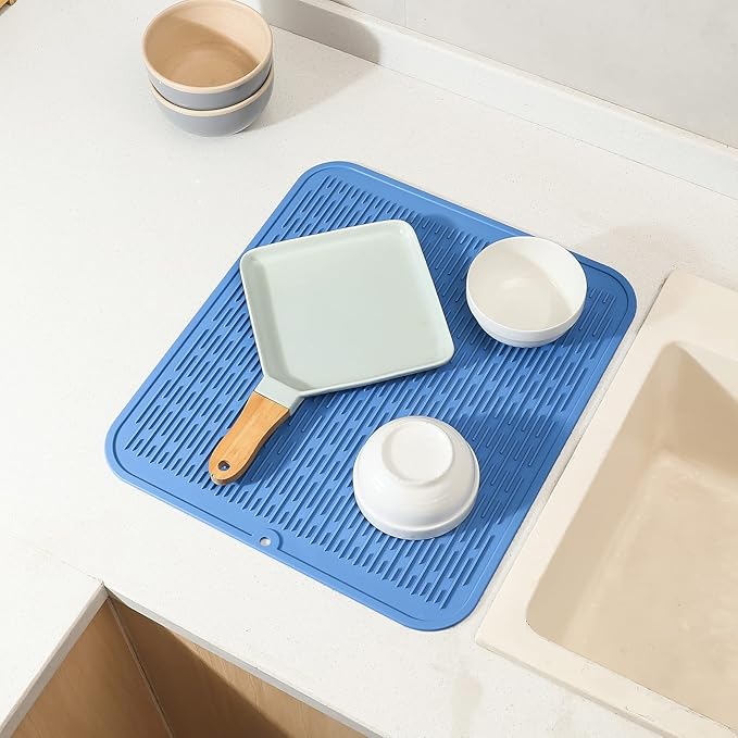Silicone Dish Drying Mat for Multiple Usage,Easy clean,Eco-friendly,Heat-resistant Silicone Mat for Kitchen Counter or Sink,Refrigerator or Drawer Liner Lichen BlueL 2XL 24 inches x 18 inches - Bloomnest