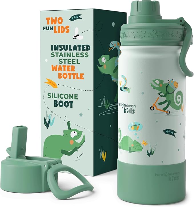 Bentoheaven Kids Water Bottle Stainless Steel for Boys & Girls, 2 Lids (Chug & Straw), Handle & Silicone Boot, Reusable Metal Leak-proof Insulated Tumbler, School & Sports 17oz (Green) - Bloomnest