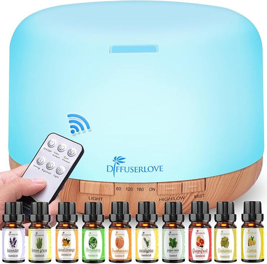 Diffuserlove Diffuser Essential Oil Diffusers 500ML Remote Control Aroma Diffuser Cool Mist Aromatherapy Diffuser with Mute Design, Timer and Auto Shut-Off for Office Living Room Yellow - Bloomnest