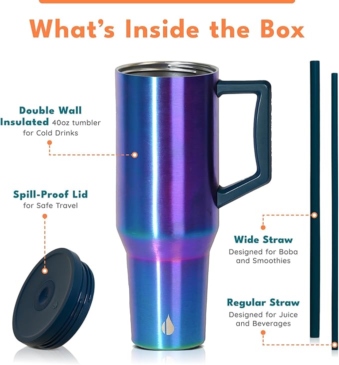 Elemental 40 oz Tumbler with Handle and Straw - Spill Proof Insulated Stainless Steel Commuter for Hot and Cold Beverages - Travel Coffee Mug with 2 Straws & Spill Proof Lid - 40oz - Iridescent - Bloomnest