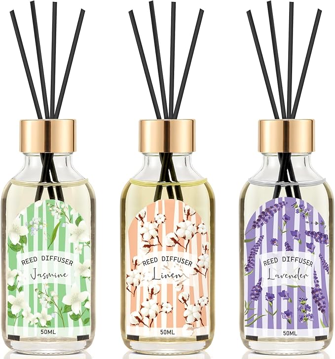 Reed Diffuser Set of 3 - Linen Lavender Jasmine Oil Diffuser with 15 Sticks, Reed Diffusers for Home Bathroom Shelf Air Freshener, 1.7 Fl. Oz Each, Total 5.1 Fl. Oz - Bloomnest