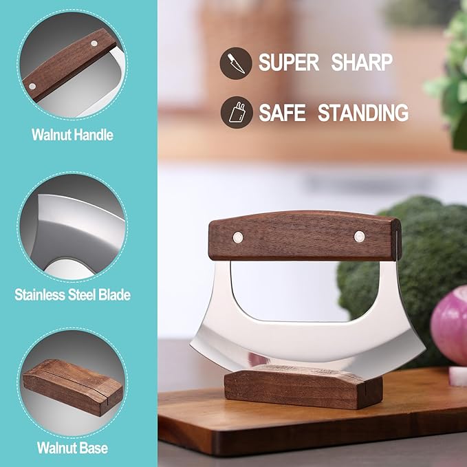 Ulu Knife - Sharp Rocker Mezzaluna Knife with Stand for Cutter Pizza, Meat, Vegetables, Herb, Salad, Stainless Steel Blade, Walnut Wood Handle, Kitchen Essentials Accessories and Gadgets Tools - Bloomnest