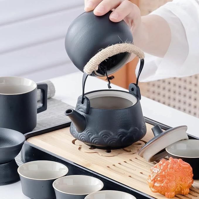 ICHAG Japanese & Chinese Tea Set, Adults' Portable Gongfu Tea Set with Teapet with Porcelain Teapot, 8oz Teapot,14-Piece 茶具 for Home/Outdoor/Office Gifts (Gray) - Bloomnest
