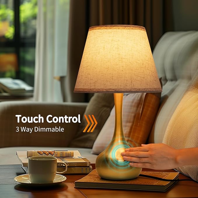 ONEWISH Touch Table Lamp for Bedroom, 3-Way Dimmable Gold Bedside Lamps for Nightstand with Fabric Shade, Desk Lamp for Kids Reading, Home Office - Bloomnest
