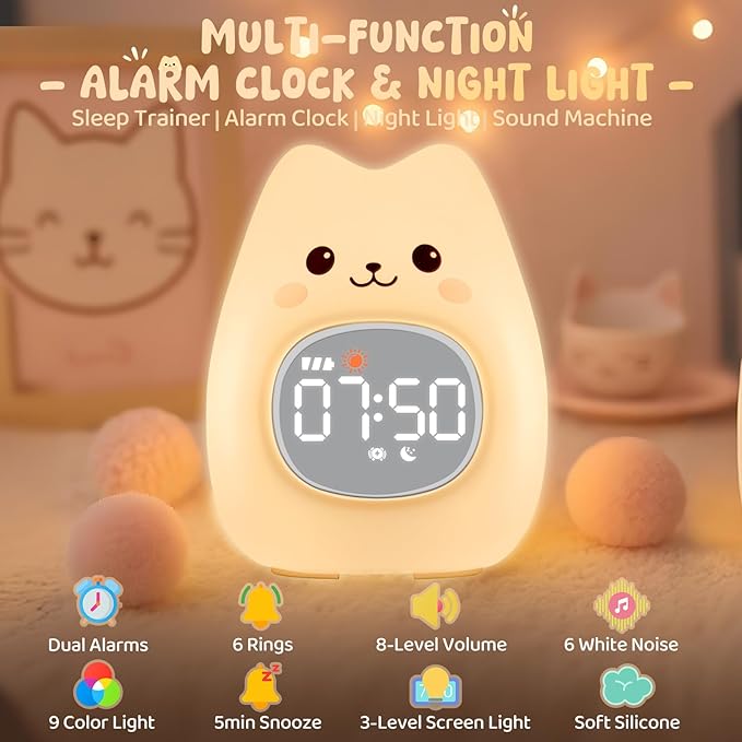 Cat Alarm Clock with Night Light for Kids with Sleep Training and Sound Machine, Rechargeable Silicone Lamp OK to Wake Clock，Cute Animal Tabletop Lamp, Perfect Sleep Companion for Boys Girls - Bloomnest