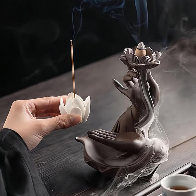 Lotus Backflow Incense Burner– Ceramic Cones Incense Holder with 60 Incense Cones + 30 Sticks + 1 Mat+1 Tweezers | Waterfall Incense Burner & Waterfall Fountain | (Black) - Bloomnest