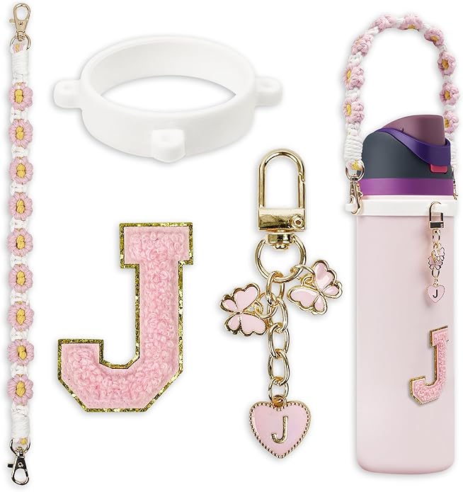 Compatible with Owala Water Bottle Accessories, Cute Letter Charm Set with Boho Handle Strap, Monogram Sticker, Silicone Ring, Keychain Decoration, for FreeSip 24 32 40oz, Owala Kids, Tumbler Gift SITKOL