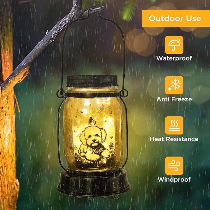 Bichon Dog Gifts for Women/Men Bichon Frise Solar Lanterns Birthday Dog Lovers Lantern Pet Loss Dog Memorial Lights Solar Garden Decoration for Yard, Patio,Backyard,Porch Torches Light - Bloomnest