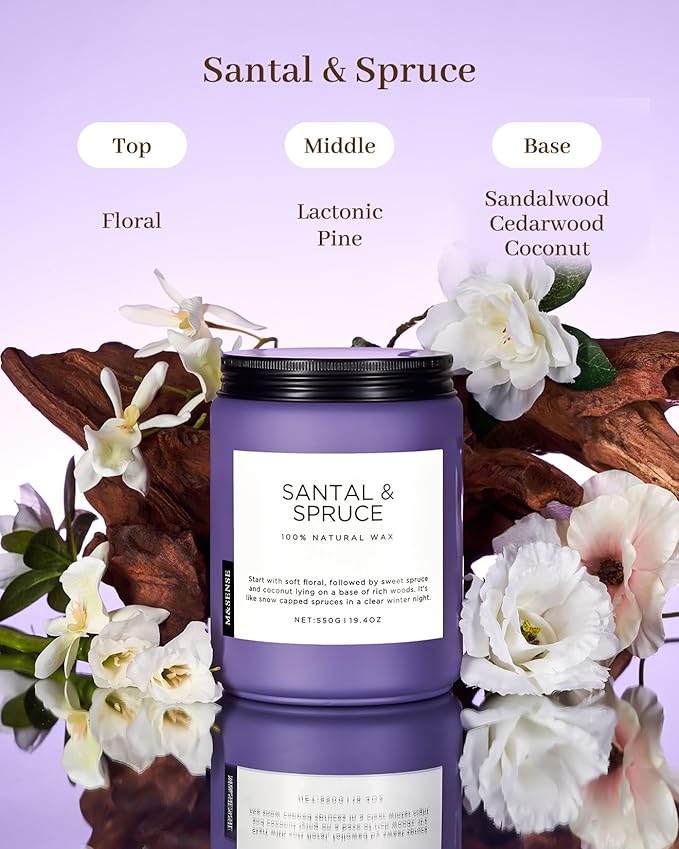 M&SENSE Santal Spruce Christmas Coconut Soy Candles for Home Scented, 19.4oz 110 Hour Slow Burning Large Candle Gift for Stress Relief, Meditation, Relaxing SPA, Best Smelling Christmas Gifts - Bloomnest