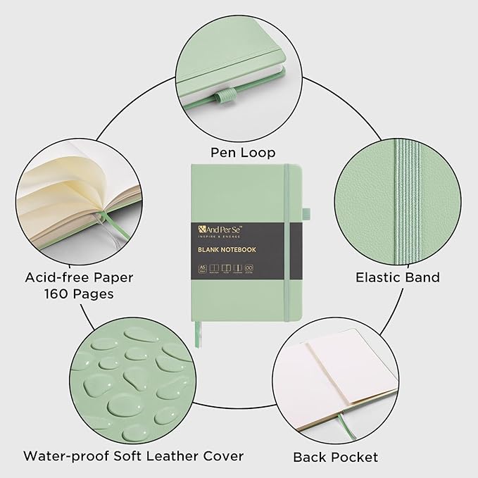 &And Per Se Blank Journal Notebook, 160 Pages, A5 5.7 x 8 inches 100 gsm Thick Paper Notebook Journals for Writing, Hardcover Notebook(1 Pack, Light Green) - Bloomnest