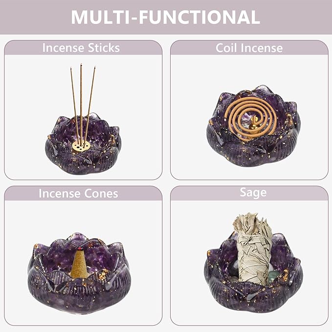Crystal Lotus Incense Holder Set, Decorative Lotus Flower Decor Bowl 3.15x3.15x1.5 Inch, Incense Sticks Cones Holder with Ash Catcher (Purple)
