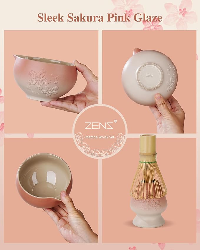 ZENS Matcha Whisk Set, Pink Ceramic Matcha Bowl with Embossed Sakura, 6pcs Matcha Tea Kit Includes Bamboo Whisk, (Chasen Holder) Scoop & Sifter, Tea Towel for Matcha Ceremony, Pink - Bloomnest