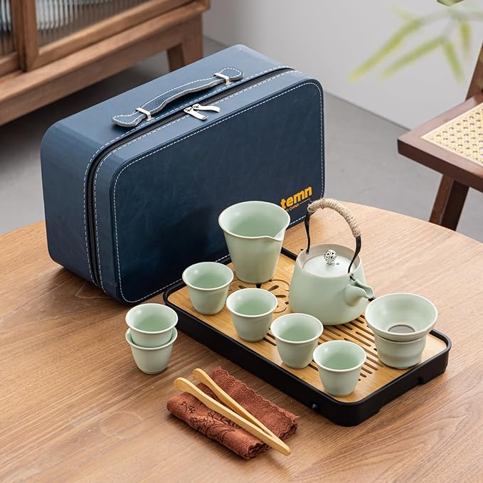 Travel tea set,Portable ceramic tea set,Chinese tea set,Tea sets for adults,Tea pot sets,Portable Travel Bag,Home,Gifting,Outdoor and Office,茶具 (Light green) - Bloomnest