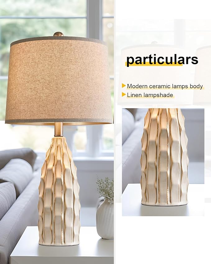 Ceramic Table Lamps Set of 2, 23.75" Modern Farmhouse Bedside Lamp - Cream Nightstand Lamps for Bedroom, Boho Living Room End Tables, Small Office Desk Lamp Decor - Bloomnest