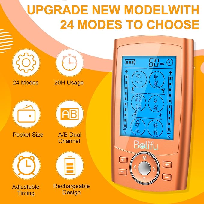Belifu TENS Unit PMS Massager 24 Modes Muscle Stimulator, Electronic Tens Machine for Neck, Back, Arms & Chronic Pain Relief Belifu