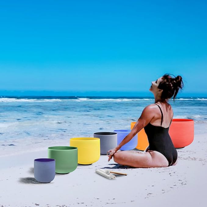 RYAN DVAN 432 hz 7-12 Inch Set of 7 Colored Frosted Quartz Crystal Singing Bowl with Free 2 pcs Carrying Cases - Bloomnest