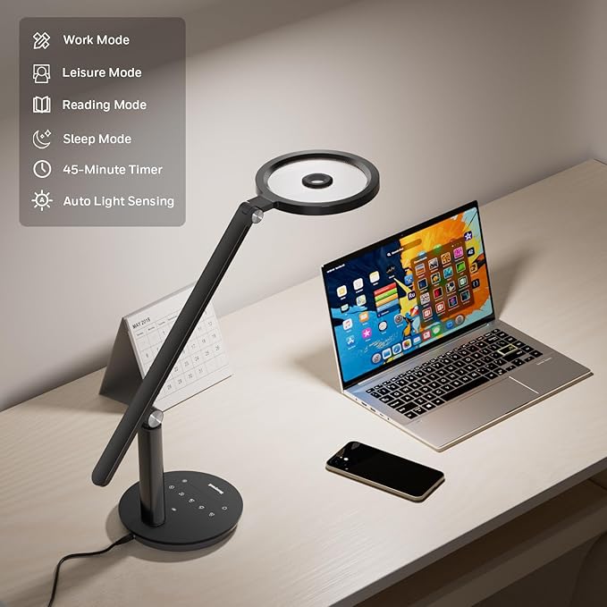 Honeywell Desk Lamp for Home Office, H6 Sunturalux™ Eye-Caring Led Desk Light, 800LM Dimmable Desk Lamp with Timer, Touch Control Tall Desk Reading Light, Table Lamp for Circle Webcam, Study, Bedroom - Bloomnest