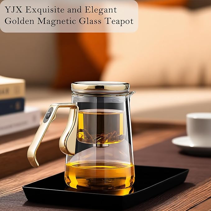 YJX Magnetic Glass Teapot, 25.4oz Small Enchanted Brewing Tea Pot, Witchcraft Magic Borosilicate Tea Set with Strainer for Loose Leaf or Herbal, Exquisite Kettle Gift for Tea Lovers(Golden) - Bloomnest