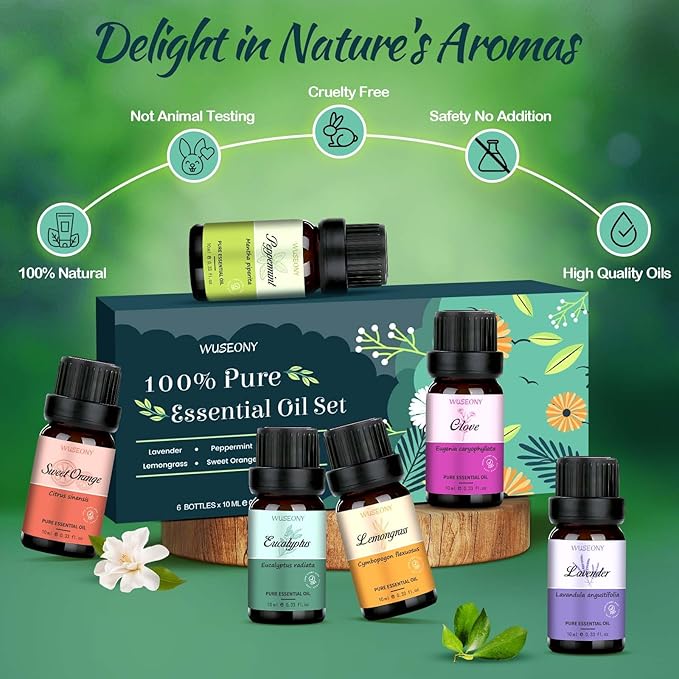 Top 6 Natural Aromatherapy Oils Gift Set, Essential Oils for Diffusers Home, Fragrance Oil Scent for Candle Soap Making - Lavender, Peppermint, Eucalyptus, Lemongrass, Sweet Orange, Clove - Bloomnest