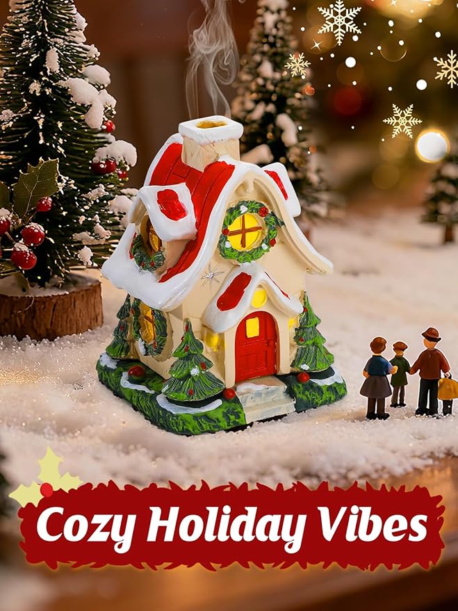Christmas Log Cabin Incense Burner - Gift for Mom Wife Her Women, Christmas Village House Incense Holder with 2 Incense Cones for Home Decorations, Red - Bloomnest