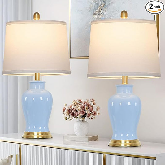 23" Modern Blue Ceramic Table Lamps Set of 2, Coastal Ceramic Lamps for Living Room, Classic Bedside Lamp with Ginger Jar Design, Elegant Bedroom Lamp for Night stand Desk Side End Table Home Decor - Bloomnest