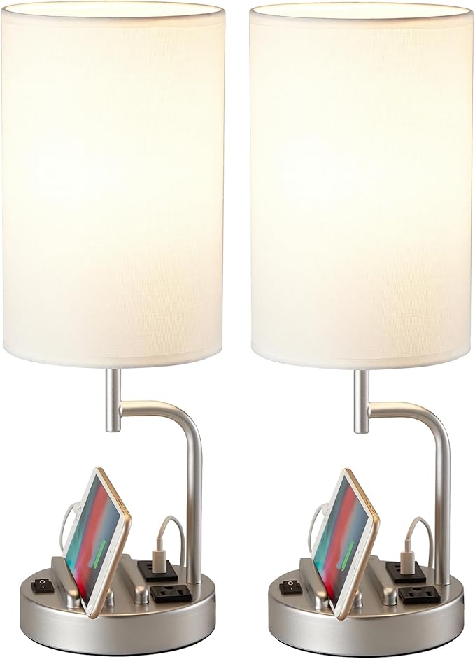 Dreamholder Table Lamp with 3 USB Charging Ports, Modern Desk Lamp with AC Outlet and Phone Stands, Perfect Bedside Lamp for Bedroom, Living Room, Office (Pack of 2), Silver - Bloomnest