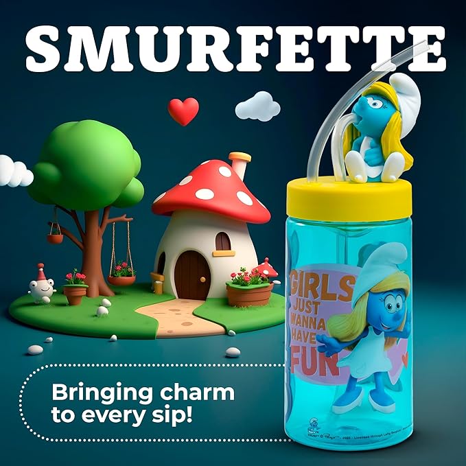 Smurfette Cup, Water Bottle, Tumbler with Lid and Straw, Travel Sippy Cup for Water or Milk, Cups with Lids BPA Free Plastic, 12 oz - Bloomnest